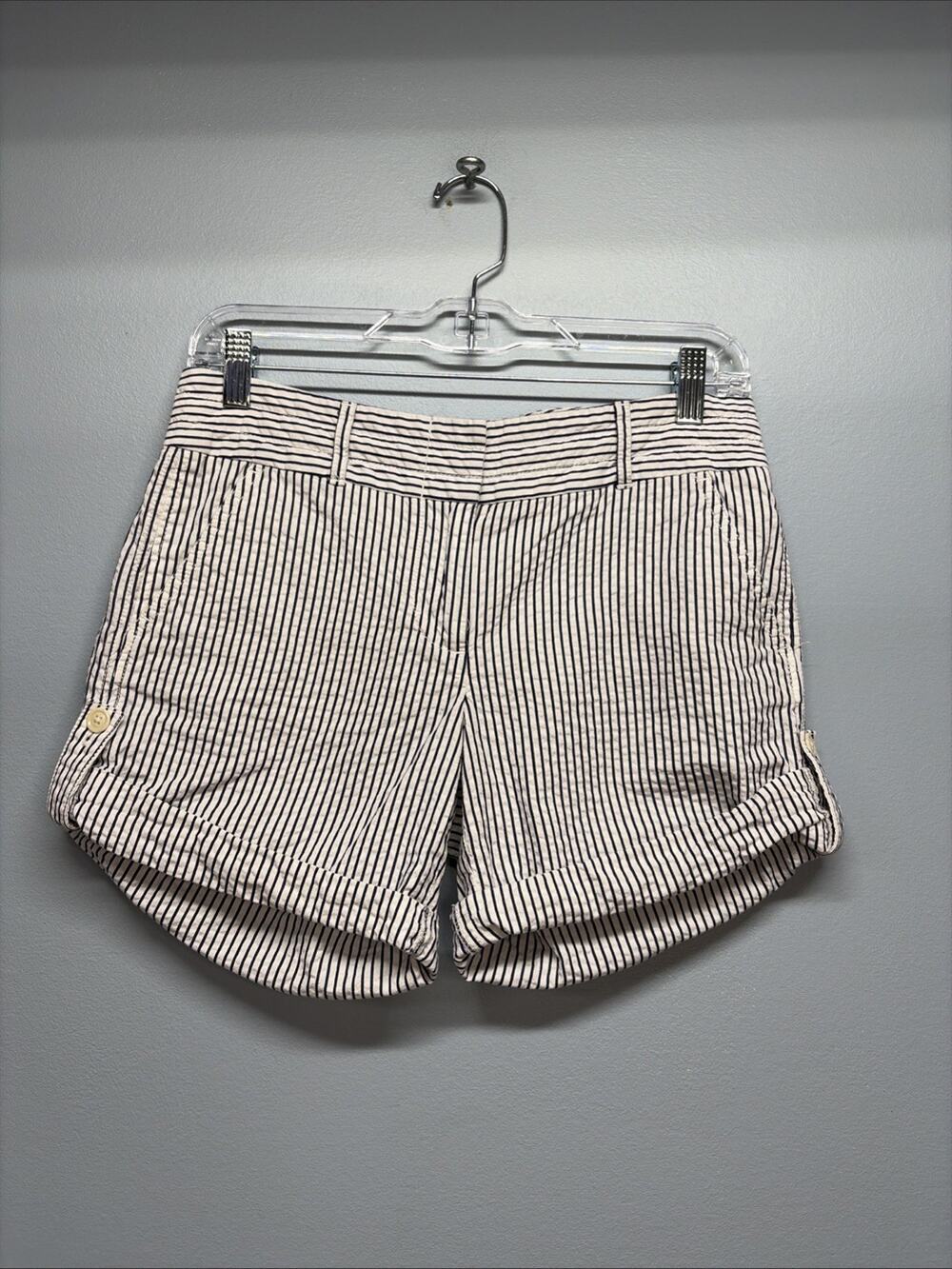 J. Crew Seersucker City Fit Chino Shorts Sz 2 Navy & White Stripes/Cuffed/Button